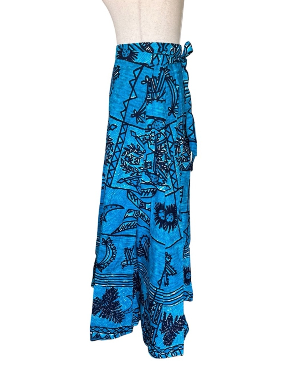 Vintage 1960s Tiki Tapa Designs Blue Barkcloth Hawaiian Maxi Wrap Skirt NWT - Picture 6 of 10